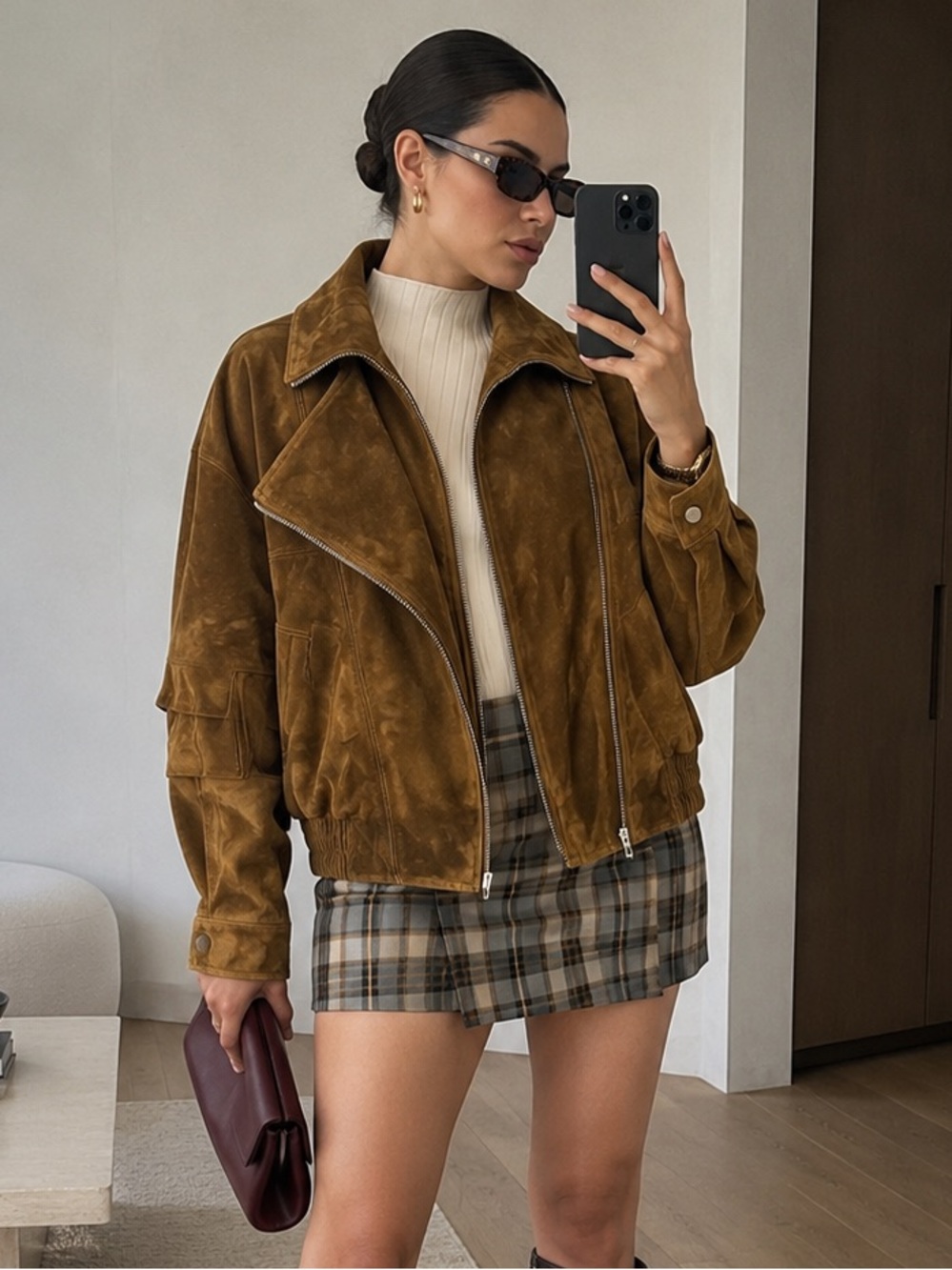 Avec Les Filles Brown Genuine Leather Moto Bomber Jacket Size M NWT